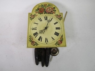 Alte Holz Wanduhr mit Bauernmalerei u. Tannenzapfen Gewichten 28 cm H VV4123
