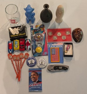 Vintage Junk Drawer Lot Coins Diecast Disney Knife Obama Trump Pottery More