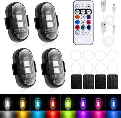 4 Pcs Wireless Rechargeable Magnetic LED Strobe Lights, 8-Colors USB Waterproof