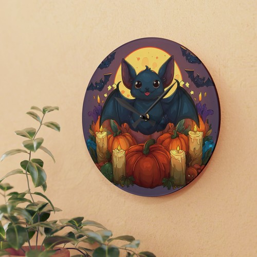 Halloween Bat Wall Clock Acrylic Round or Square Décor High-End Durable - Picture 8 of 9