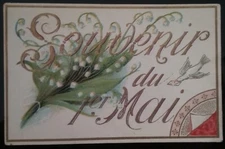 MAY SOUVENIR POSTCARD, LILY OF THE VALLEY SERIES 1442, BEAUTIFUL EMBOSSED GILDING
