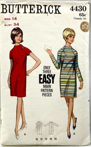 1960s Buttterick Sewing Pattern 4430 Womens One-Piece Dress Size 14 Vintag 16689