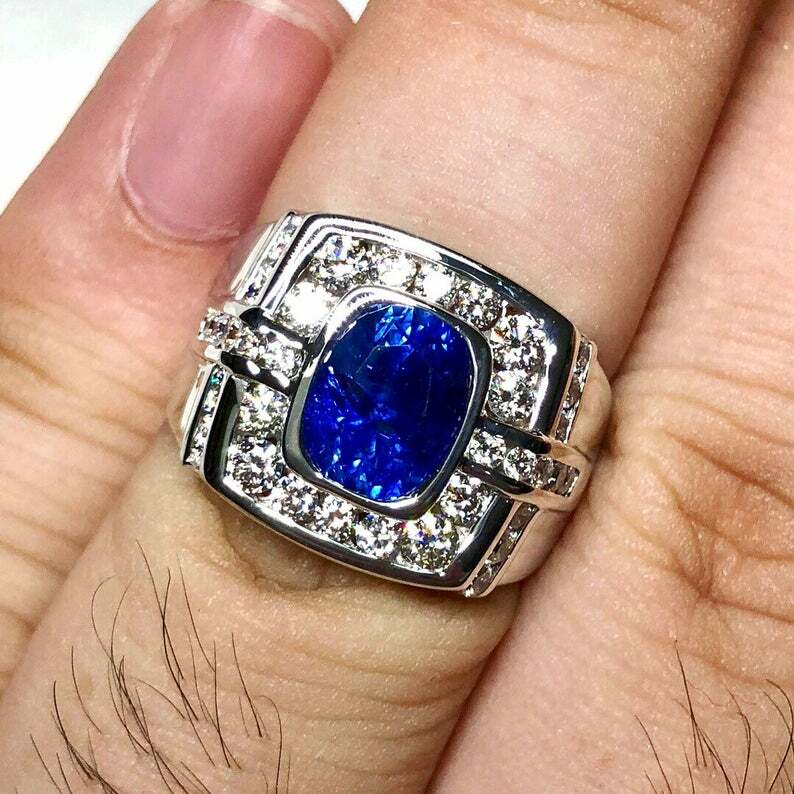 Men S Fashion Jewelry Rings 2026.4.40CT Blue sapphire & CZ Royal Certified 935 Silver Men's Fashion ...