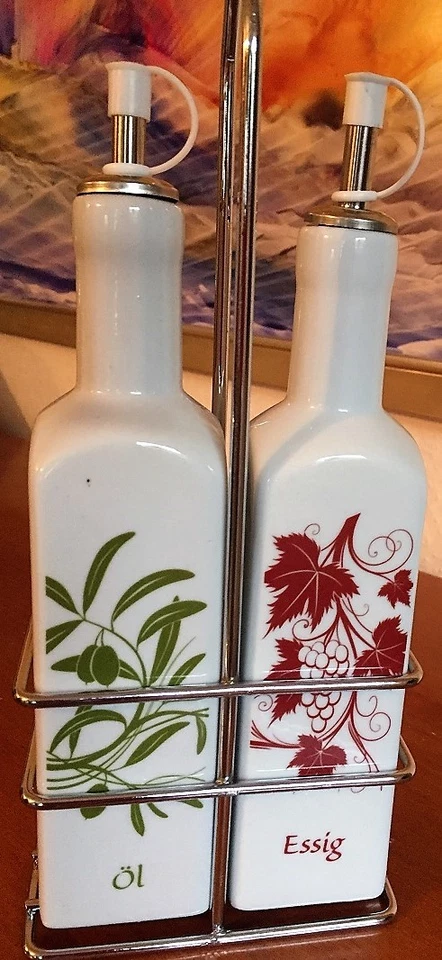 Essig & Öl, Porzellan Ausgießer, 25 cm hoch mit Behälter! Selten!