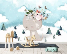 3D Cat Floral Butterfly Wallpaper Wall Mural Removable Self-adhesive Sticker204