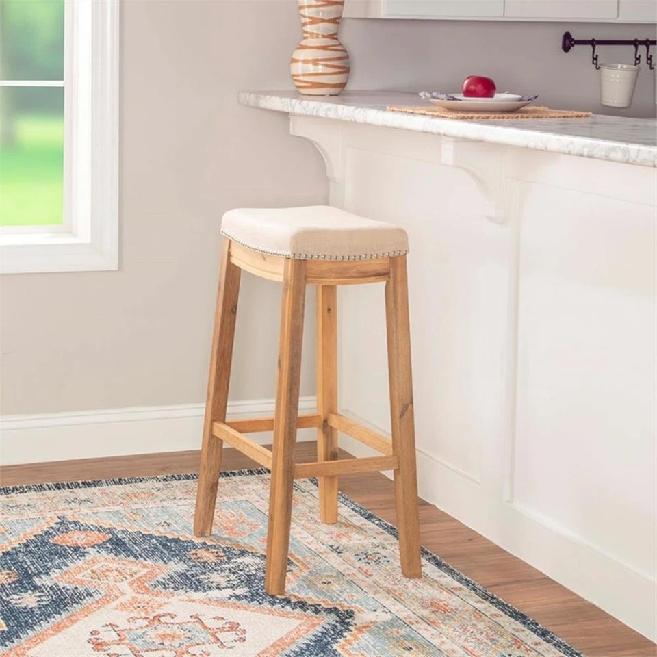 Linon Claridge Bar Stool Natural Padded Seat Acacia Wood Frame in Rustic Brown - Image 2 of 4