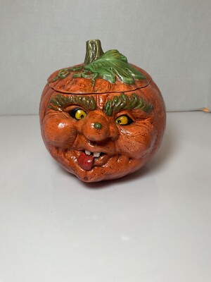 Vintage Pumpkin Pottery Halloween Cookie Jar with Scary Face - Jack O Lantern
