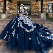 Luxury Navy Blue Quinceanera Dresses Off Shoulder Appliques Beading Ball Gowns