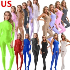 Women's Bodysuits Shiny Tights Full One Piece Teddy Babydoll Glossy Jumpsuit