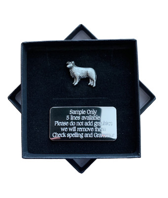 Personalisierte Geschenkbox & Border Collie Hund Zinn Pin Anstecker GRATIS GRAVUR