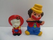 2 CERAMIC HAND PAINTED POTTERY STATUES FIGURINES MONEY BOXES CLOWN - CARTOON PIG