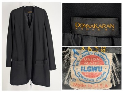 Vintage Donna Karan New York Wool Coat Jacket Long Blazer Black ILGWU Minimalist