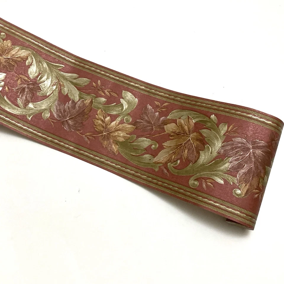 维多利亚红色常春藤叶金色绿色卷轴丝绸缎壁纸边框 5.75 W — 第 4/4 张图片