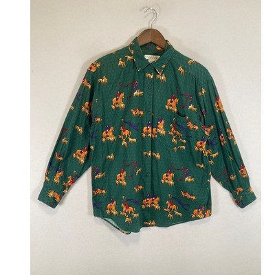 Equestrian Heritage Picone Sport Mens Medium Green Fox Hunt Cotton Button Down