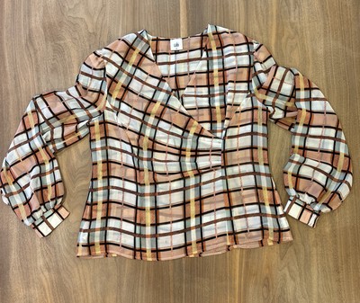 Cabi Women's M Long Sleeve Plaid Blouse, Across Chest Pleat Detail