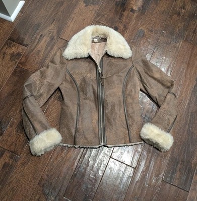 Vintage Express Distressed Leather Jacket Brown Bomber Faux Fur Trim Coat Size 4