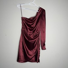 Altar’d State Deep Red Satin One Shoulder Long Sleeve Side Zip Bodycon Dress
