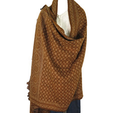 Paisley Throw/Shawl Handloomed Reversible Yak Sheep Wool Blend Khaki  Ivory