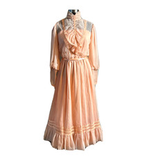 Vintage 70's Pink Victorian Lace Ruffles High Neck Prairie Long Sleeve Dress