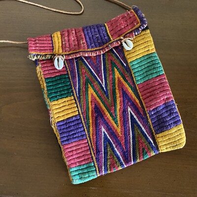 Vintage Handmade Textile Bag Weaved Multi Color Bohemian Purse With Cowrie Shell