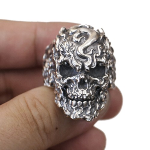 925 Sterling Silver Huge Fire Skull Punk Ring TA514A Biker Jewelry US Size 13 - Picture 9 of 12