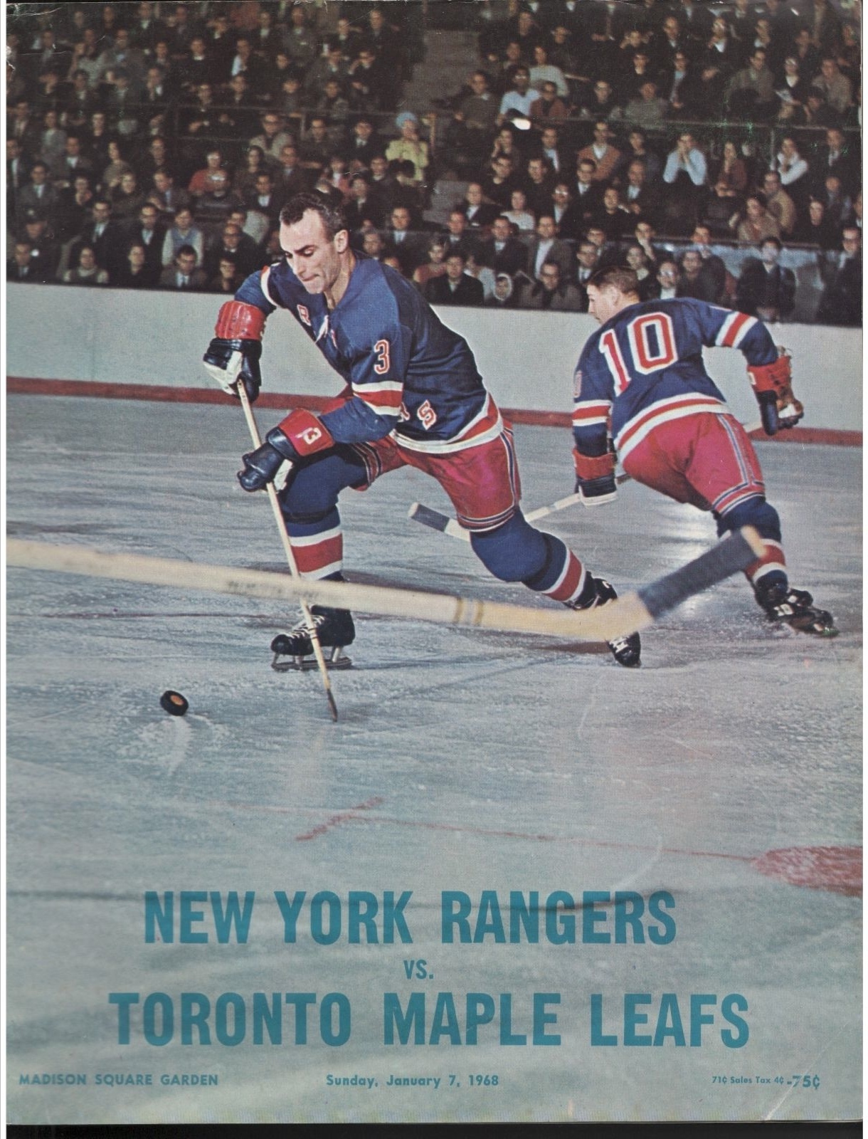 1/7 1968 NEW YORK RANGERS TORONTO MAPLE LEAFS MADISON AQUARE GARDEN ...