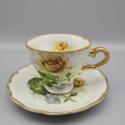 Norcrest July Teacup and Saucer Birthday Month Yellow Rose Gold Trim