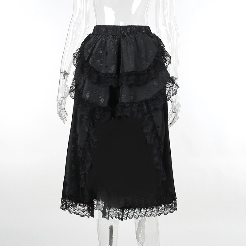 Black Lace Floral Skirt Midi Ruffled Irregular Tiered
