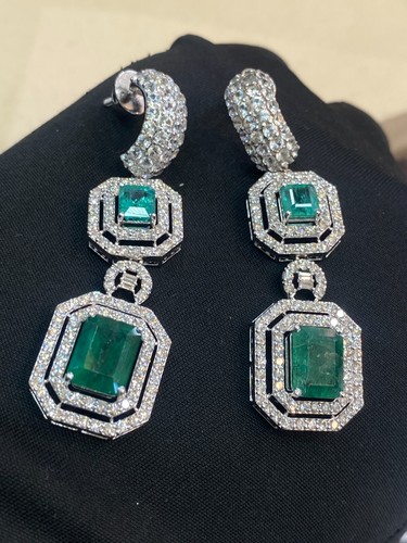 13.41 Cts Round Brilliant Cut Diamonds Emerald Sapphire Dangle Earrings 14K Gold - Picture 7 of 13