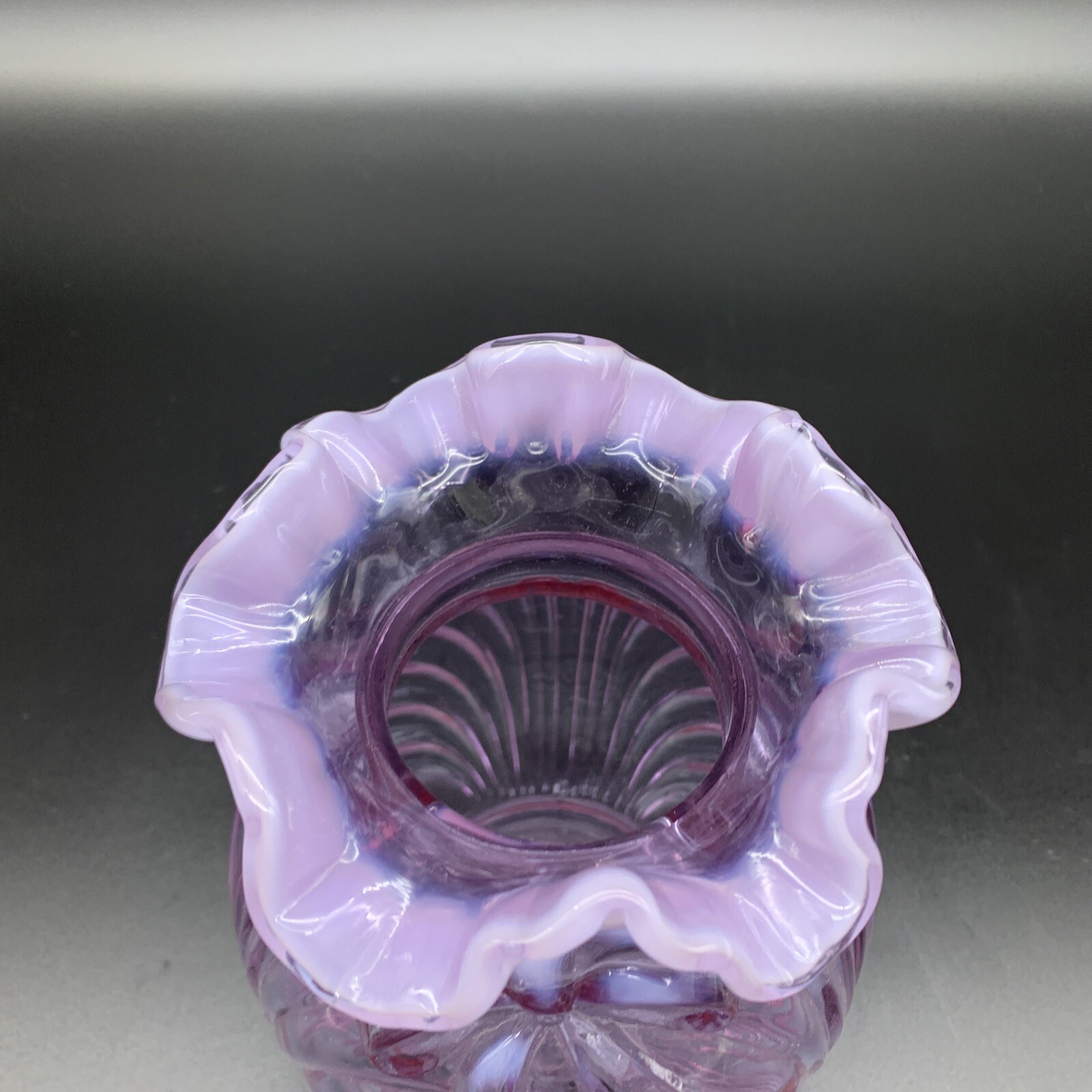 Fenton Art Glass Vase – Light Purple Opalescent, Draped with Ruffled Top & Bow