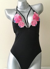 NWT Victorias Secret PINK Applique Black Strappy Plunge One Piece Swimsuit S
