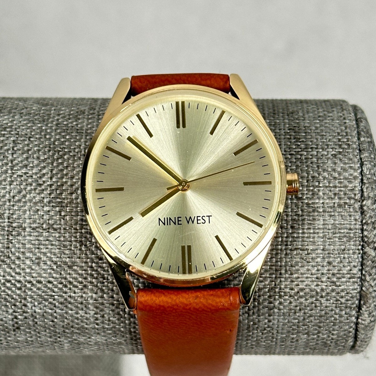 Nine West Watch Women 26mm Round Gold Tone Brown Band Casual