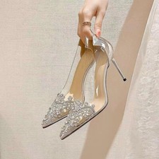 Women's Rhinestone Pointy Toe Clear Pumps Shoes Stiletto High Heel Slip On New