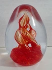 Vintage Murano Art Style Egg Shape Glass Paper Weight Red Swirl Flame Design 3"
