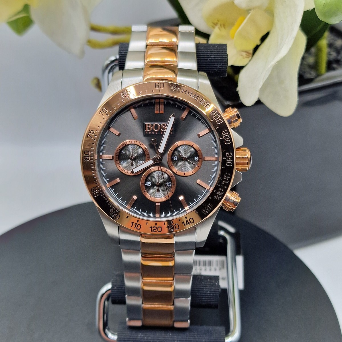 BOSS MENS WATCH 1513339 SILVER AND ROSE GOLD BRACELET WITH GREY DIAL SILVER  CASE