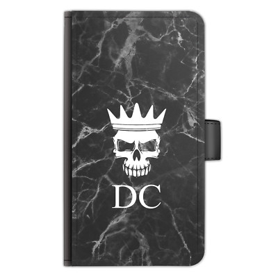 Personalised Initial PU Leather Phone Case Skull Crown Black Marble Flip Cover