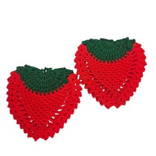 Vintage Crochet Strawberry Pot Holders Trivet Hot Pads Set Red Green Kitchen