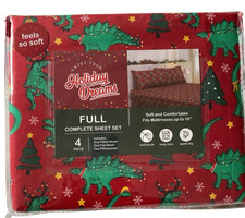 Full Size Christmas Dinosaur Sheet Set 4-Piece Holiday Bedding Red