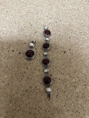 Lia Sophia "Lisa" Pendant and Bracelet Set MOP and Red Jasper Silver Tone