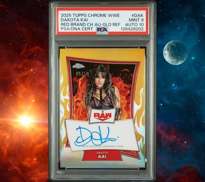 2025 Topps Chrome WWE DAKOTA KAI Red Brand Chrome Auto Gold Refractor /50 PSA 9