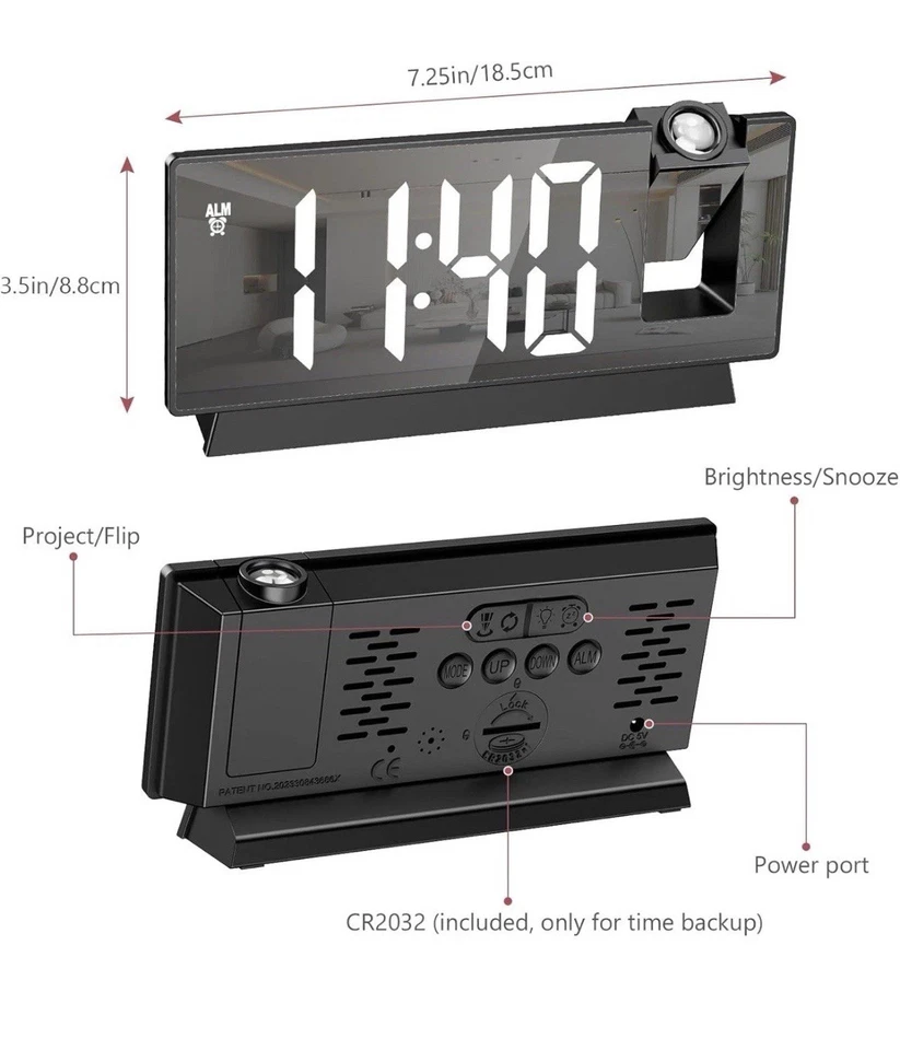 Digital Alarm Clock 7.8" Mirror Screen With LED Projection Temperature And Date - Image 4 of 4