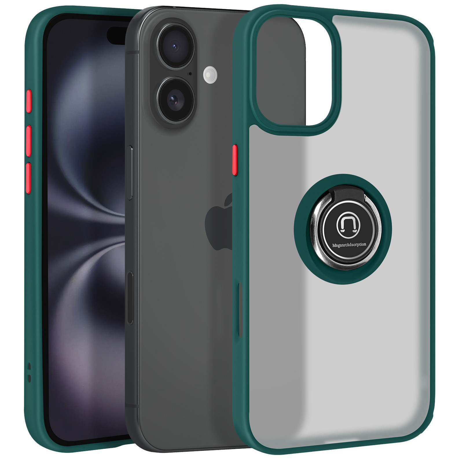 Coque antichoc iPhone 16 mate à anneau magnétique renforcé Avizar vert foncé