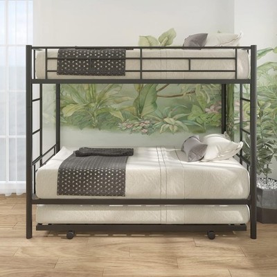 Twin Over Twin Metal Bunk Bed with Trundle Heavy Duty Twin Size Metal Bunk Beds