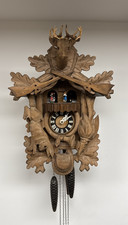 Black Forest Hunter Cuckoo Clock Carved Stag Rifles Musical Movement 15” Vintage