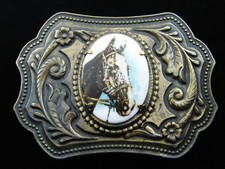 RE07104 VINTAGE 1970s HORSE WESTERN COWBOY BRASSTONE BELT BUCKLE