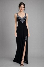 Black Embroidered Silky Knit Maxi Dress XS Prom Whimsi Goth Witchy Coquette Soma