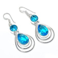Swiss Blue Topaz Gemstone Handmade 925 Sterling Silver Jewelry Earring Size 2"