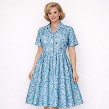 1960s Vintage 38" Bust Mode O Day House Dress Turquoise Blue Pleat Floral 19