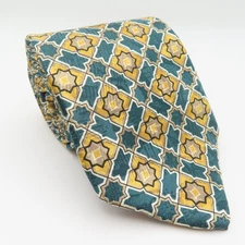 Lands End Tie Silk Green Yellow Gold Geometric 3.5" Wide 60" Long USA