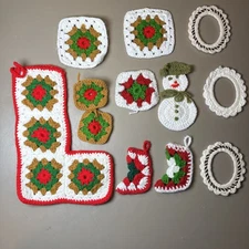Vtg Handmade Crochet Yarn Christmas Tree Stocking & Ornaments Kitchy Lot Of 12